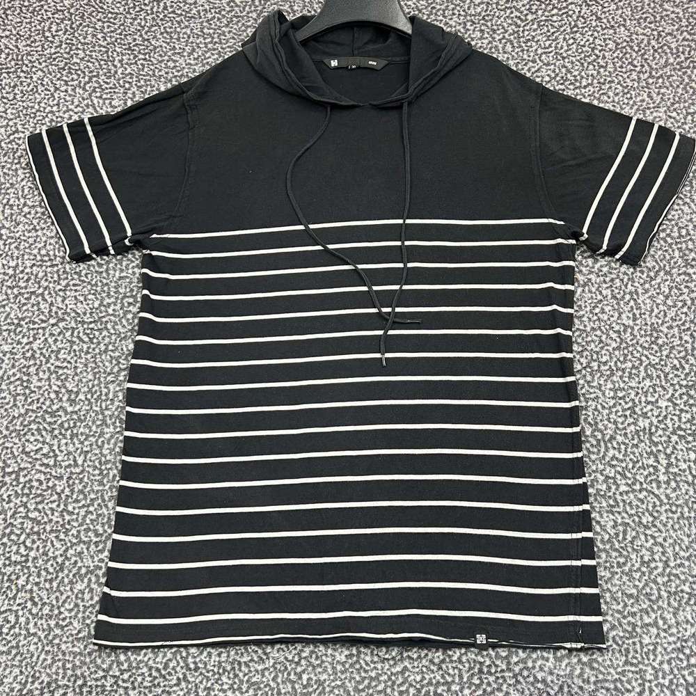 Krr3W Shirt Men Extra Large Black Striped Hooded Drawstring Short Sleeve XL